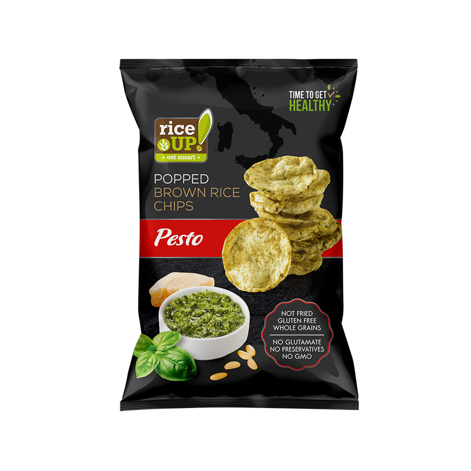 Rice Up τσιπς καστανού ρυζιού ολικής αλέσεως με γεύση πέστο 60g εικόνα 1