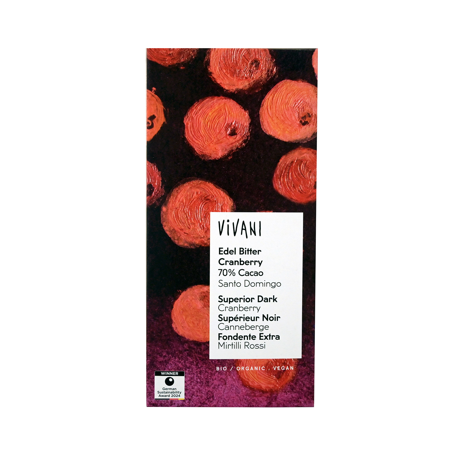 Vivani σοκολάτα υγείας edel bitter cranberry 70% cacao 80g εικόνα 1