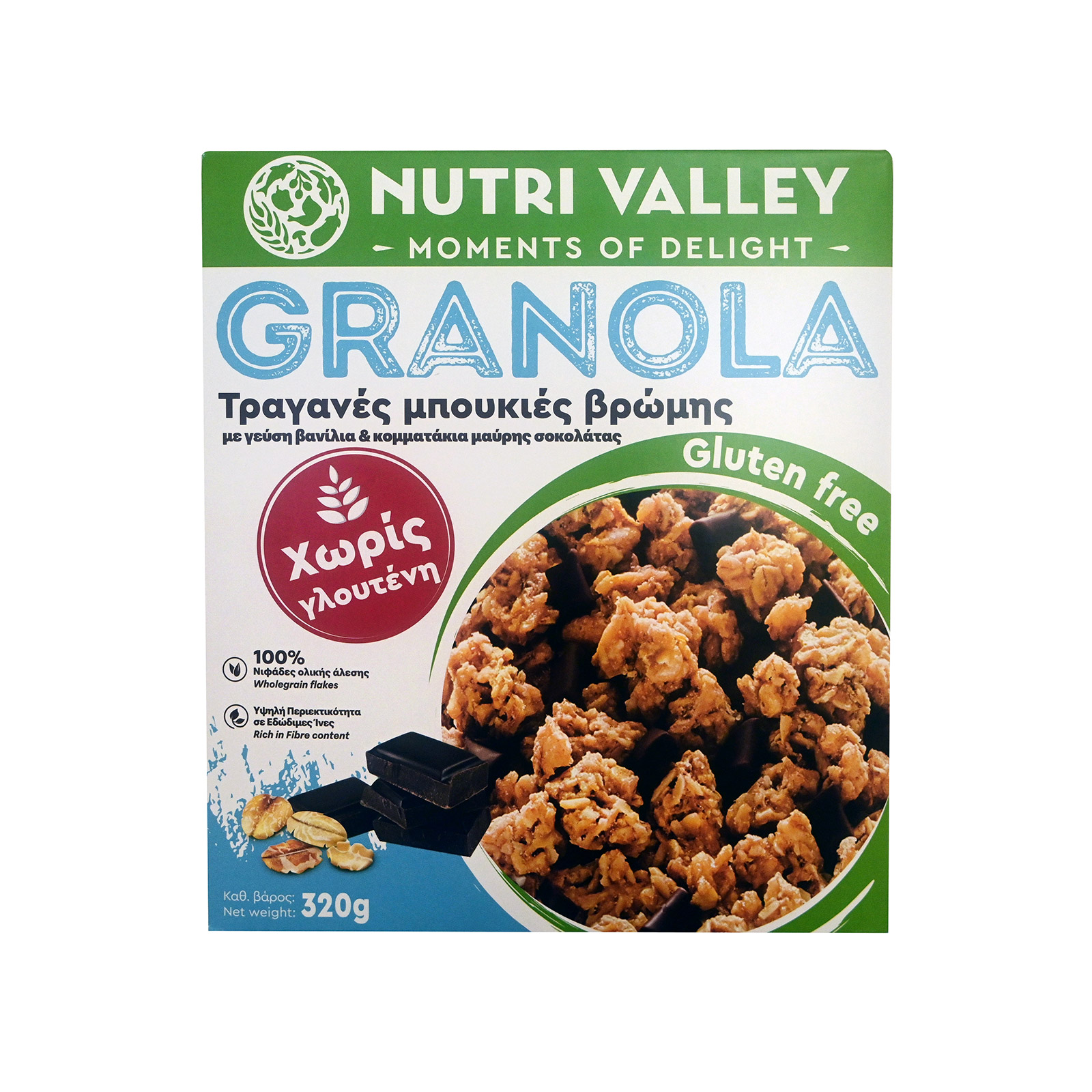 Nutri Valley μπουκιές βρώμης granola crunchy βανίλια & κομματάκια μαύρης σοκολάτας 320g εικόνα 1