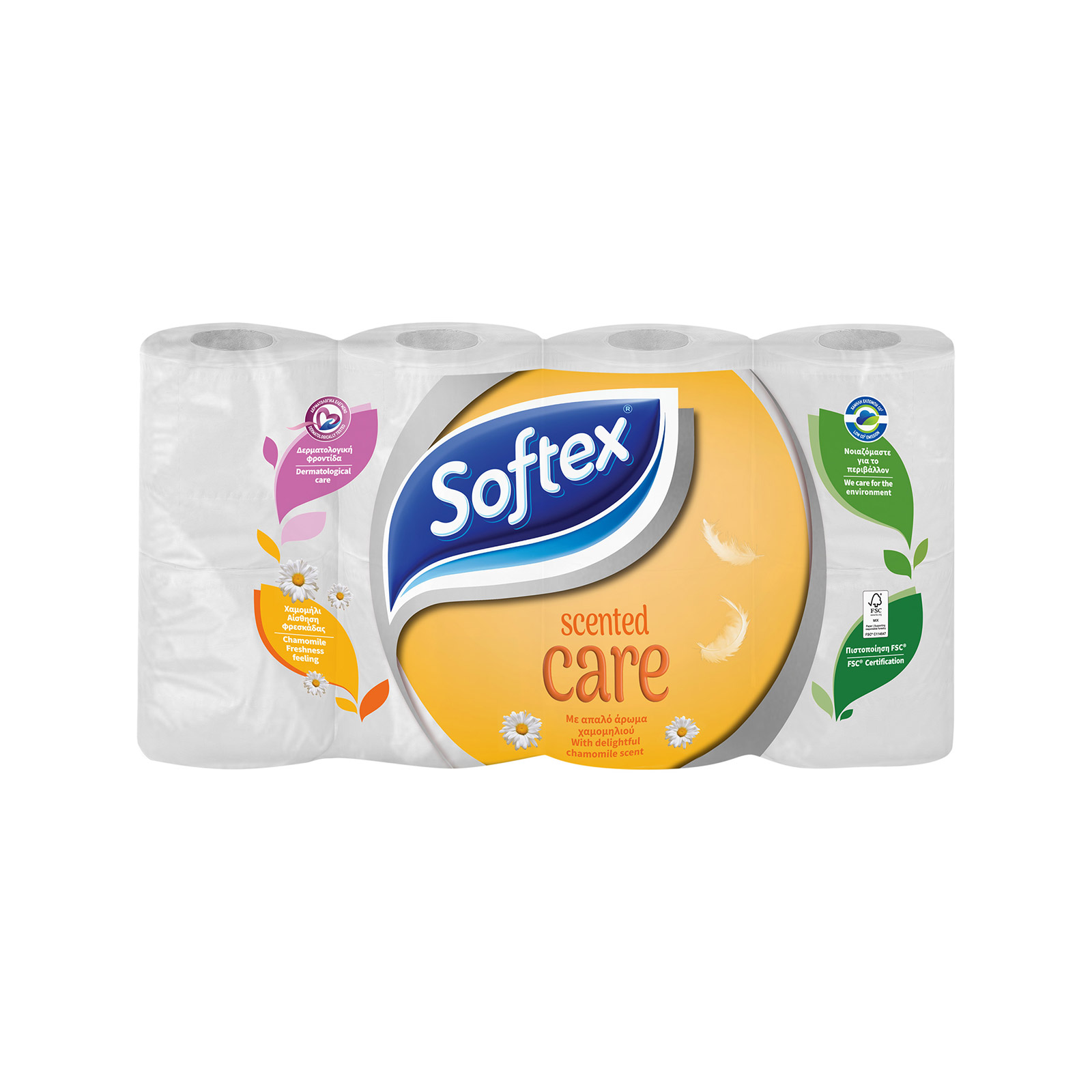 Softex Care ρολό χαρτί υγείας χαμομήλι 3φυλλο 8x78g εικόνα 1