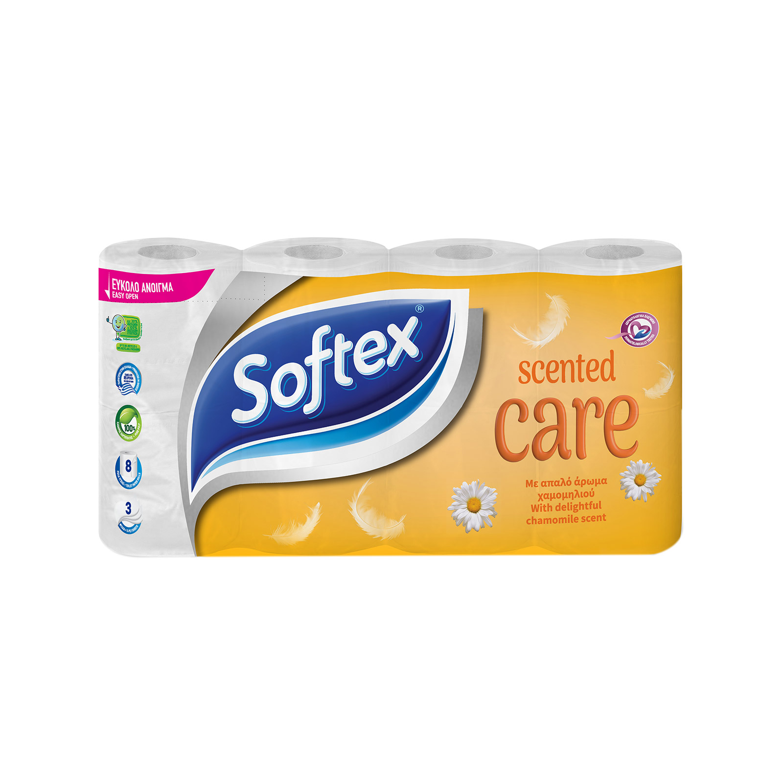 Softex Care ρολό χαρτί υγείας χαμομήλι 3φυλλο 8x78g εικόνα 1