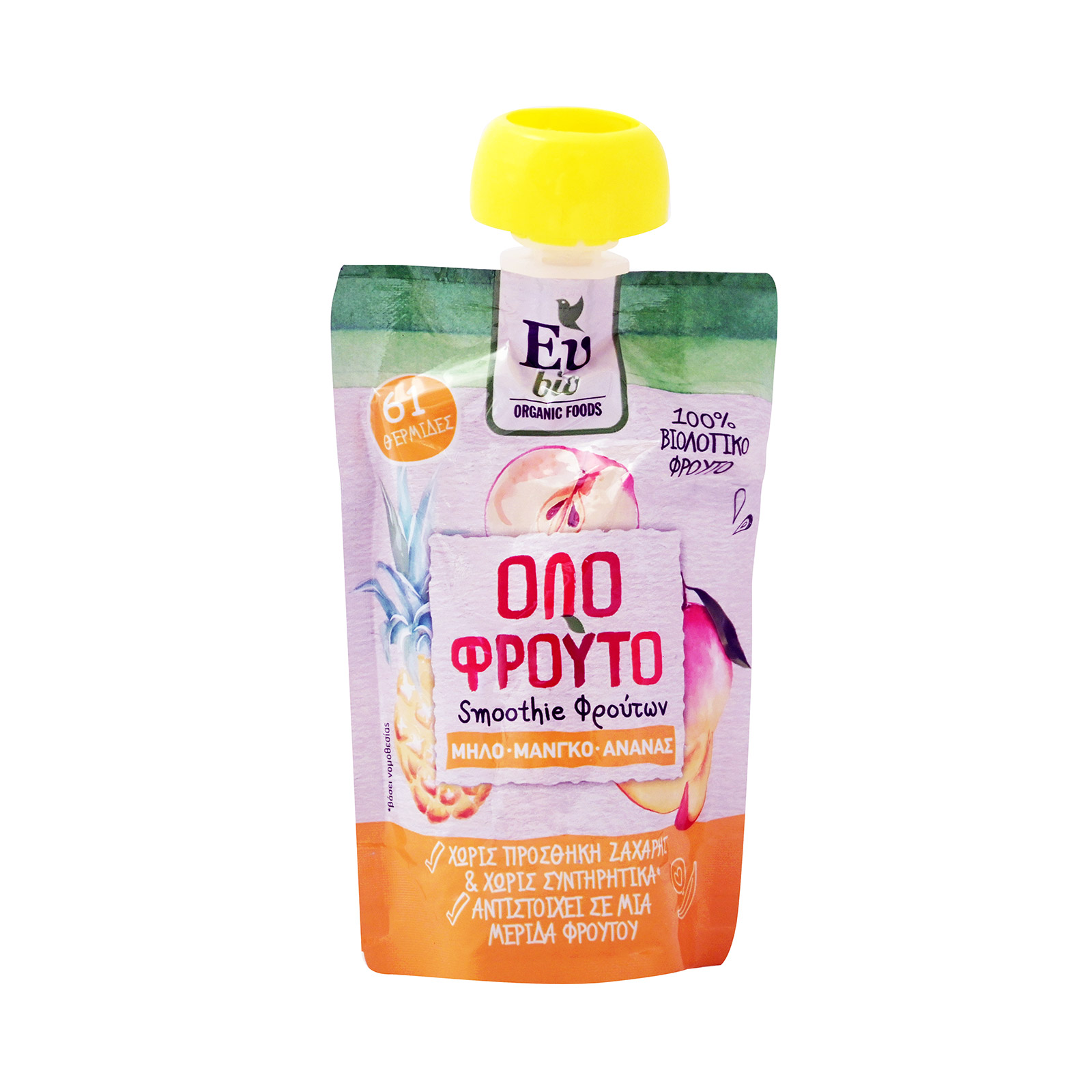 EuBio Ολο φρούτο σνακ smoothie φρούτων - μηλο, μάνγκο, ανανάς 100g εικόνα 1
