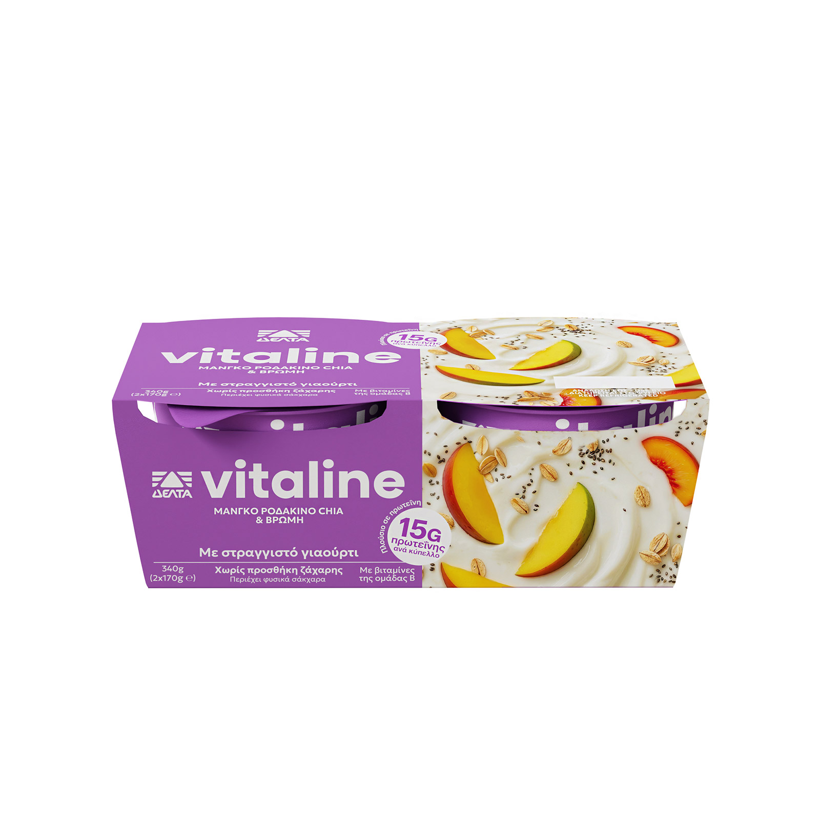 Δέλτα Vitaline επιδόρπιο γιαουρτιού μάνγκο, ροδάκινο, chia & βρώμη 2x170g εικόνα 1
