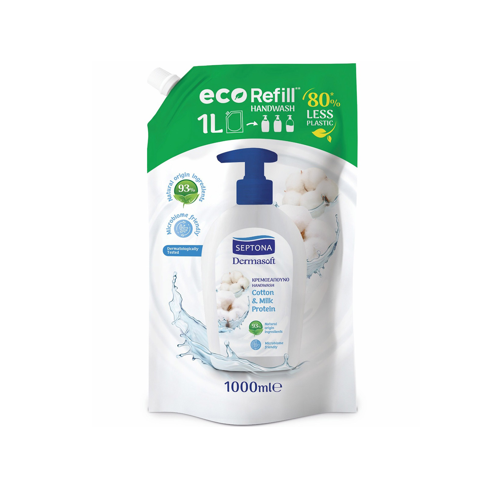 Septona υγρό κρεμοσάπουνο ανταλλακτικό cotton & milk protein 1lt εικόνα 1