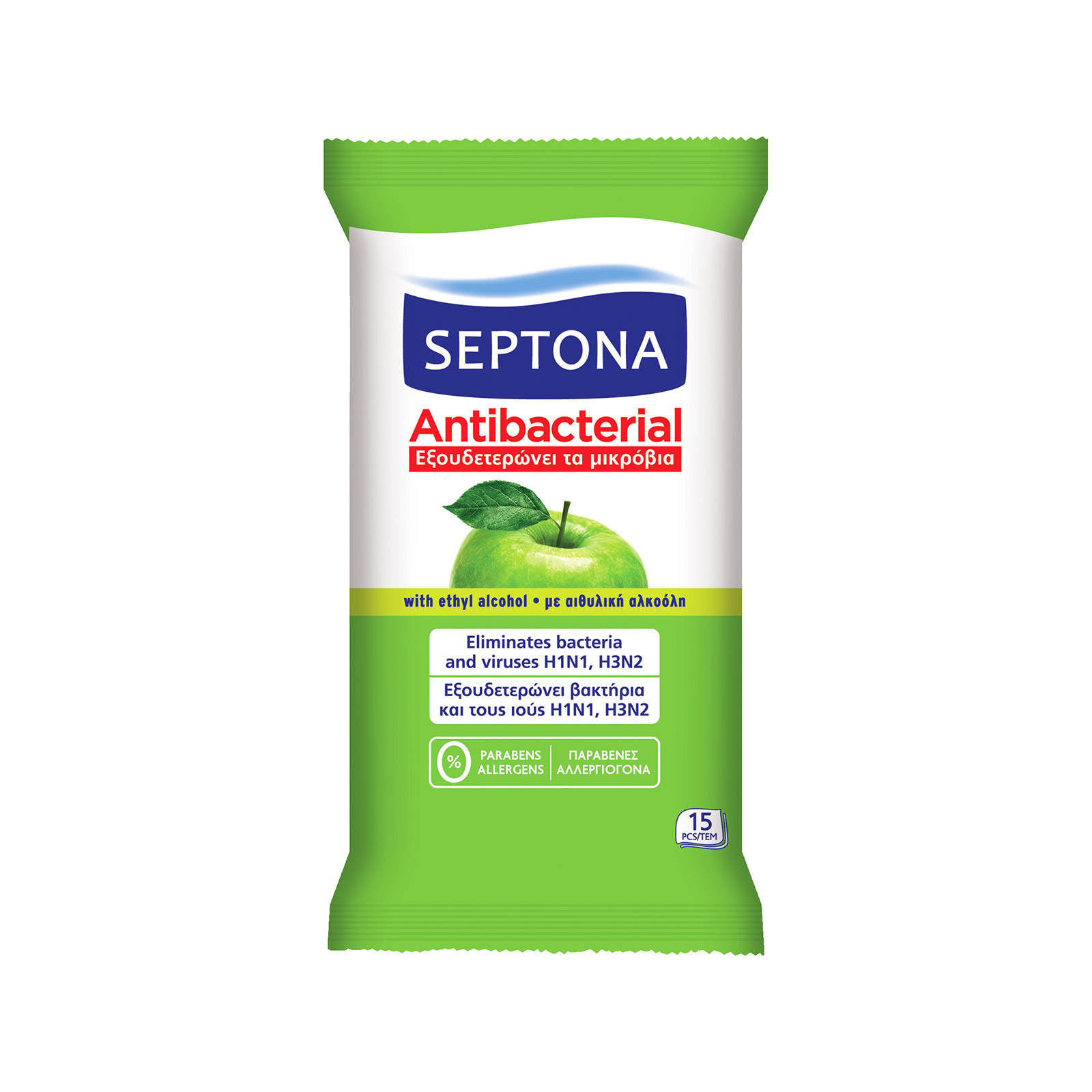 Septona Antibacterial υγρά αντιβακτηριδιακά πανάκια καθαρισμού πράσινο μήλο 15τεμ εικόνα 1