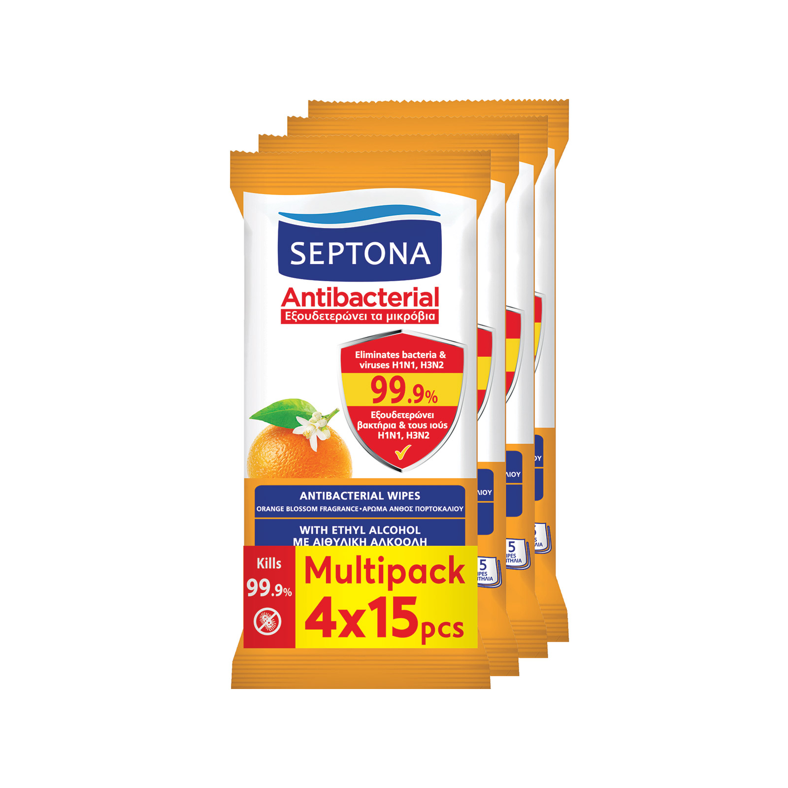 Septona Antibacterial υγρά μαντηλάκια άνθος πορτοκαλιού 4x15τεμ εικόνα 1