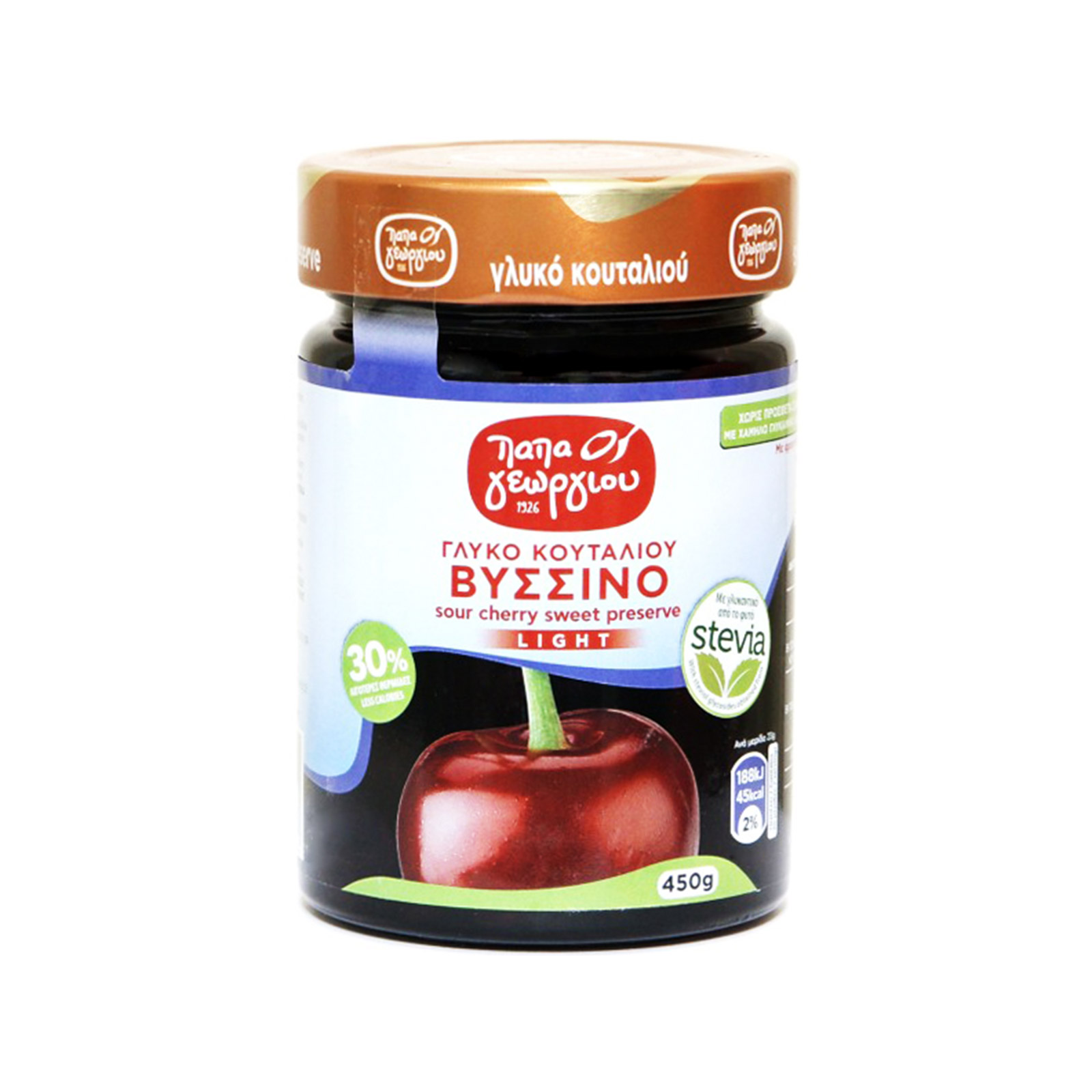 Παπαγεωργίου Πιστοποιημένο με iso 22000 γλυκό κουταλιού βύσσινο , με γλυκαντικό stevia 450g εικόνα 1