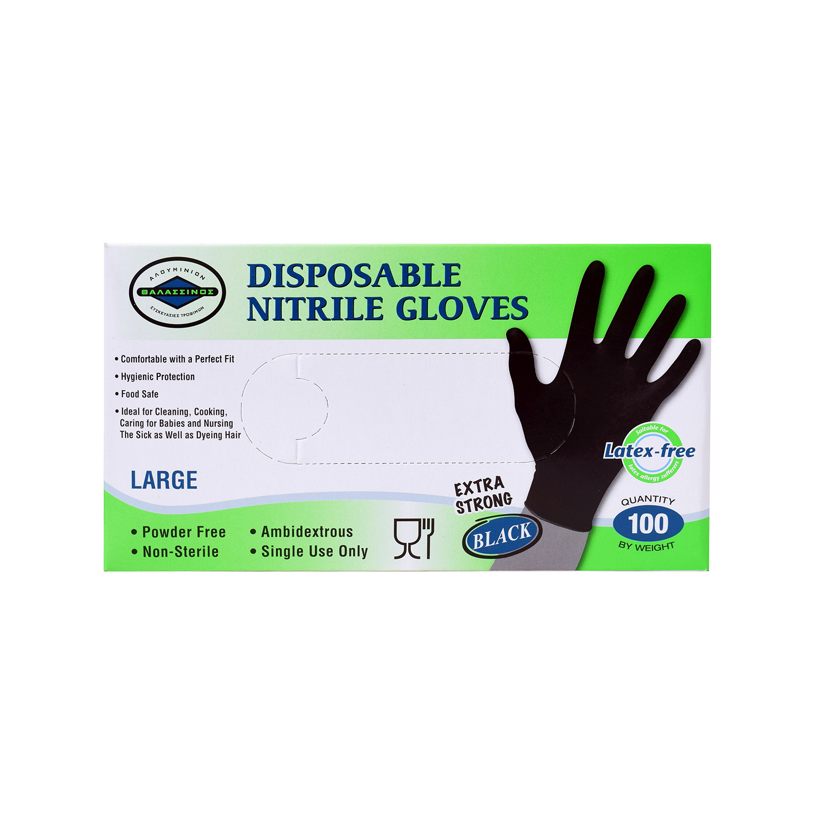 Θαλασσινός γάντια νιτριλίου extra strong, μαυρα, large 100τεμ εικόνα 1