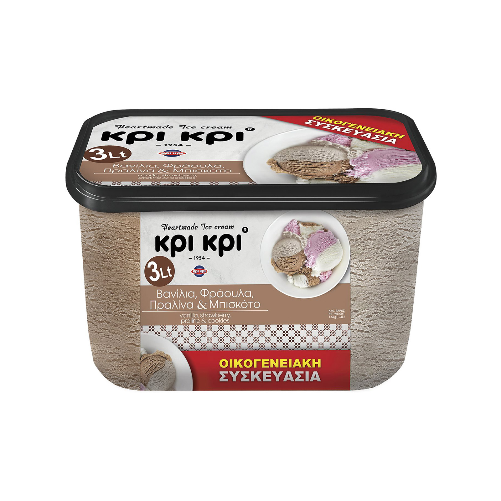 Κρι Κρι Heartmade παγωτό οικογενειακό βανιλια, φράουλα, πραλίνα & μπισκότο 3lt εικόνα 1