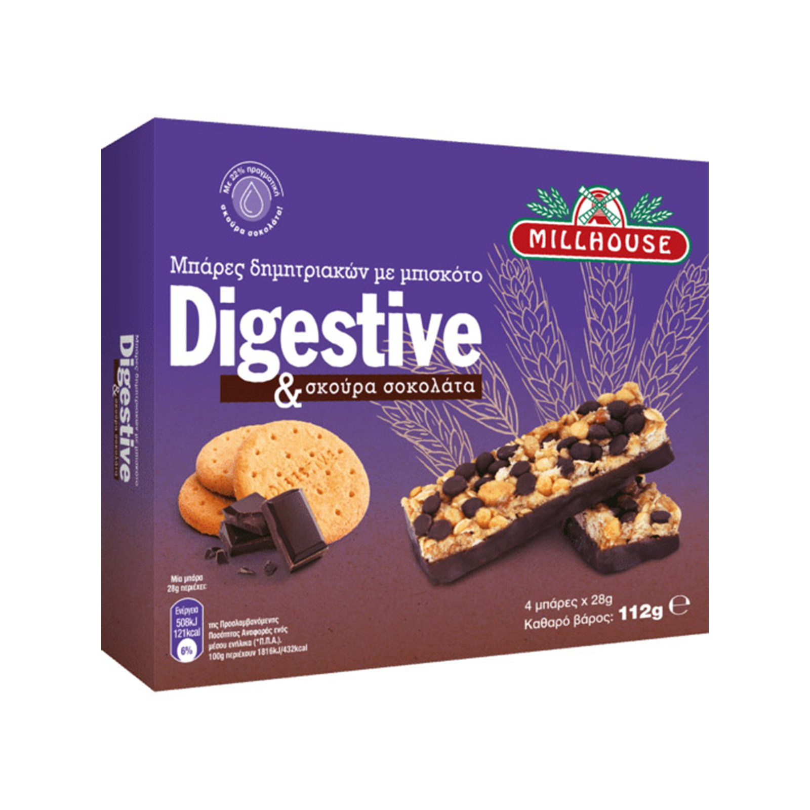 Millhouse Digestive μπάρα δημητριακών με μπισκότο & σκούρα σοκολάτα 4x28g εικόνα 1