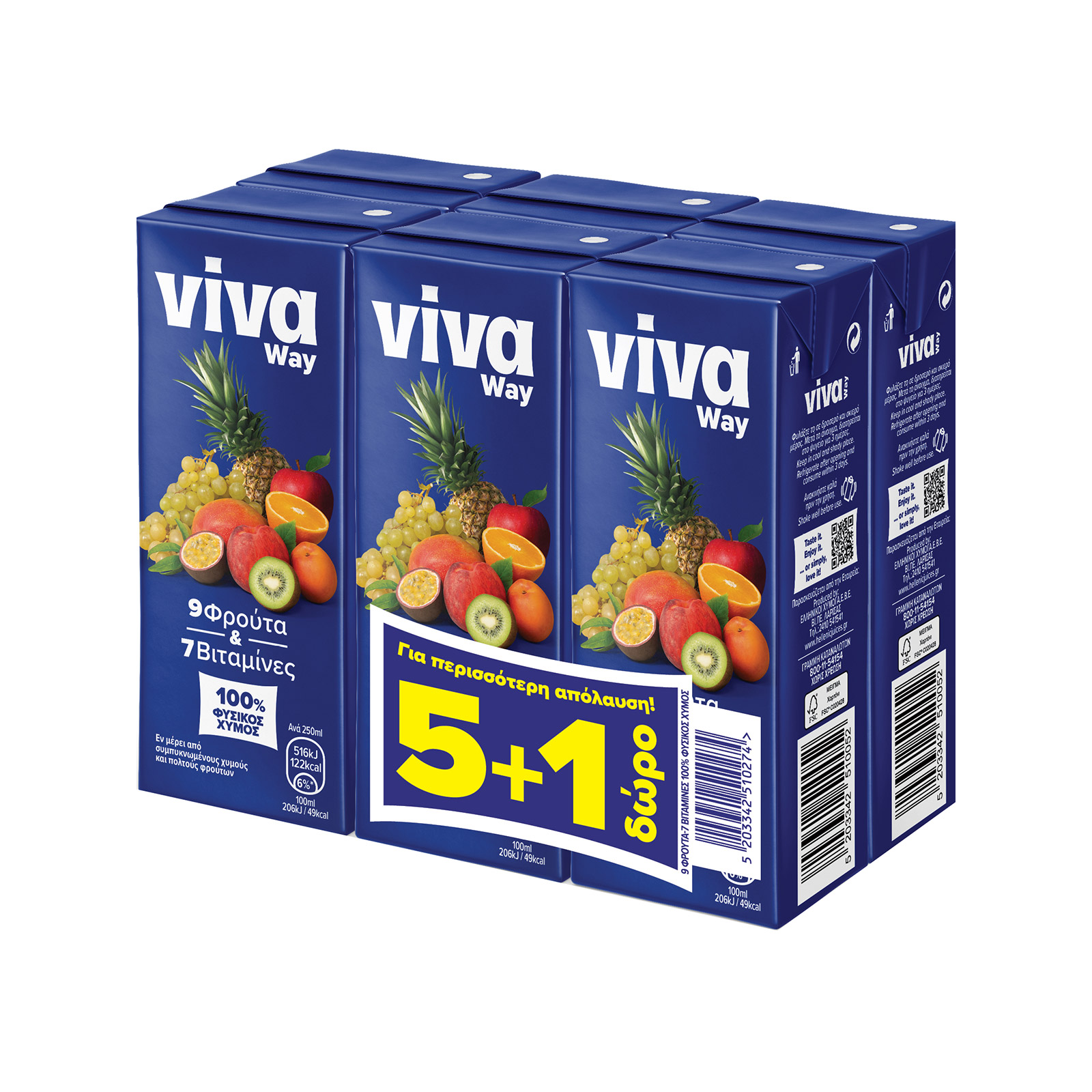 Viva way 100% φυσικός χυμός 9 φρούτα & 7 βιταμίνες 5x250ml + 1 δώρο εικόνα 1