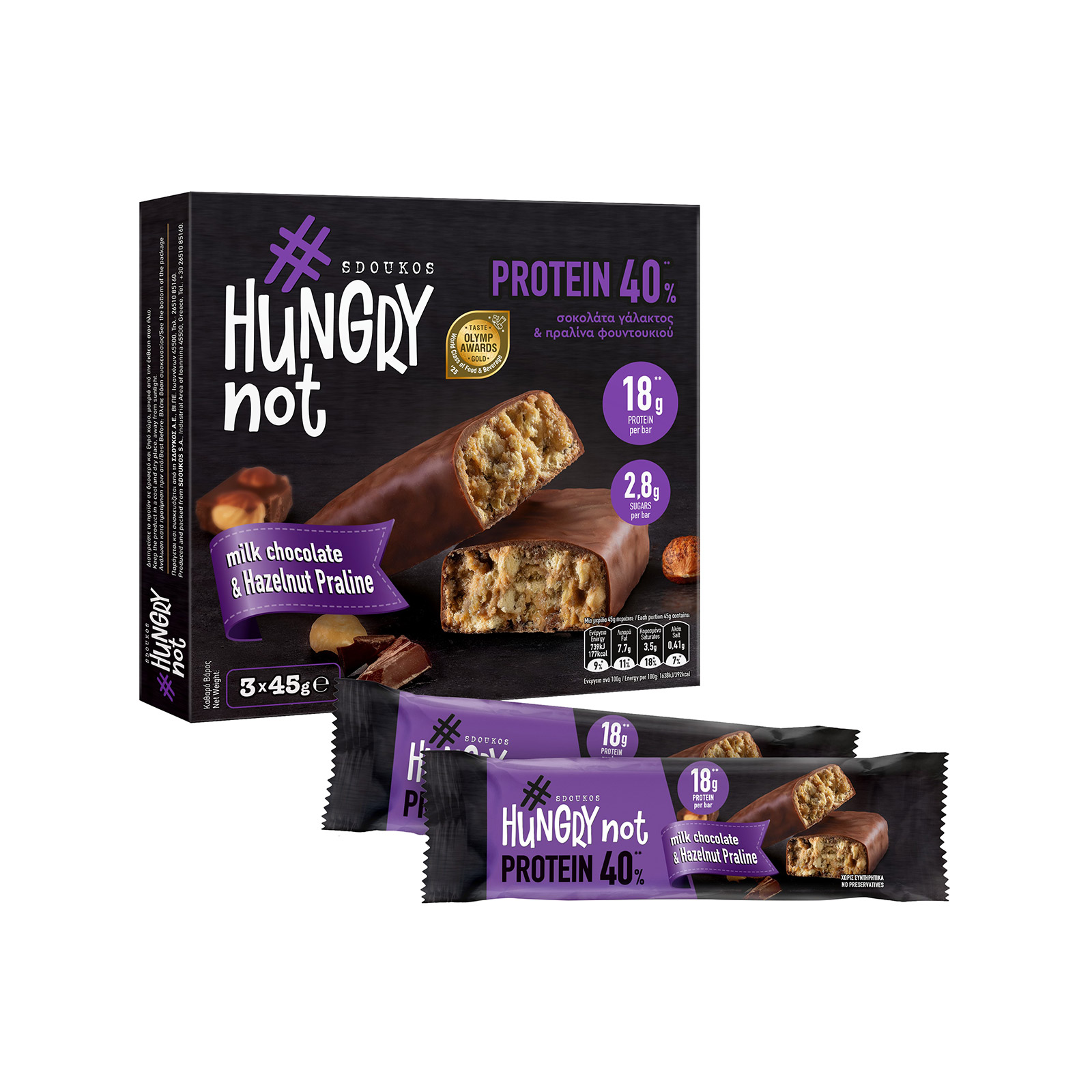 Hungry Not Protein μπάρα πρωτεΐνης πραλίνα φουντουκιού 45g εικόνα 1