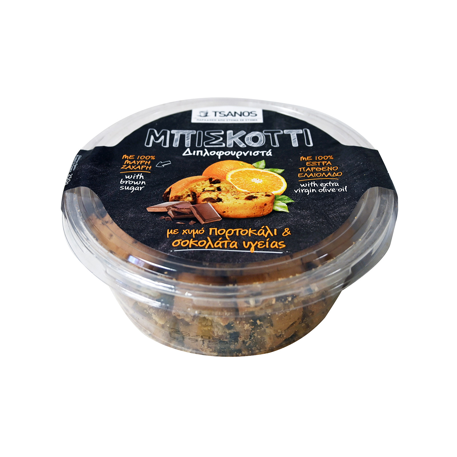 Tsanos Μπισκόττι μπισκότα με χυμό πορτοκάλι & σοκολάτα υγείας , μαύρη ζάχαρη 250g εικόνα 1