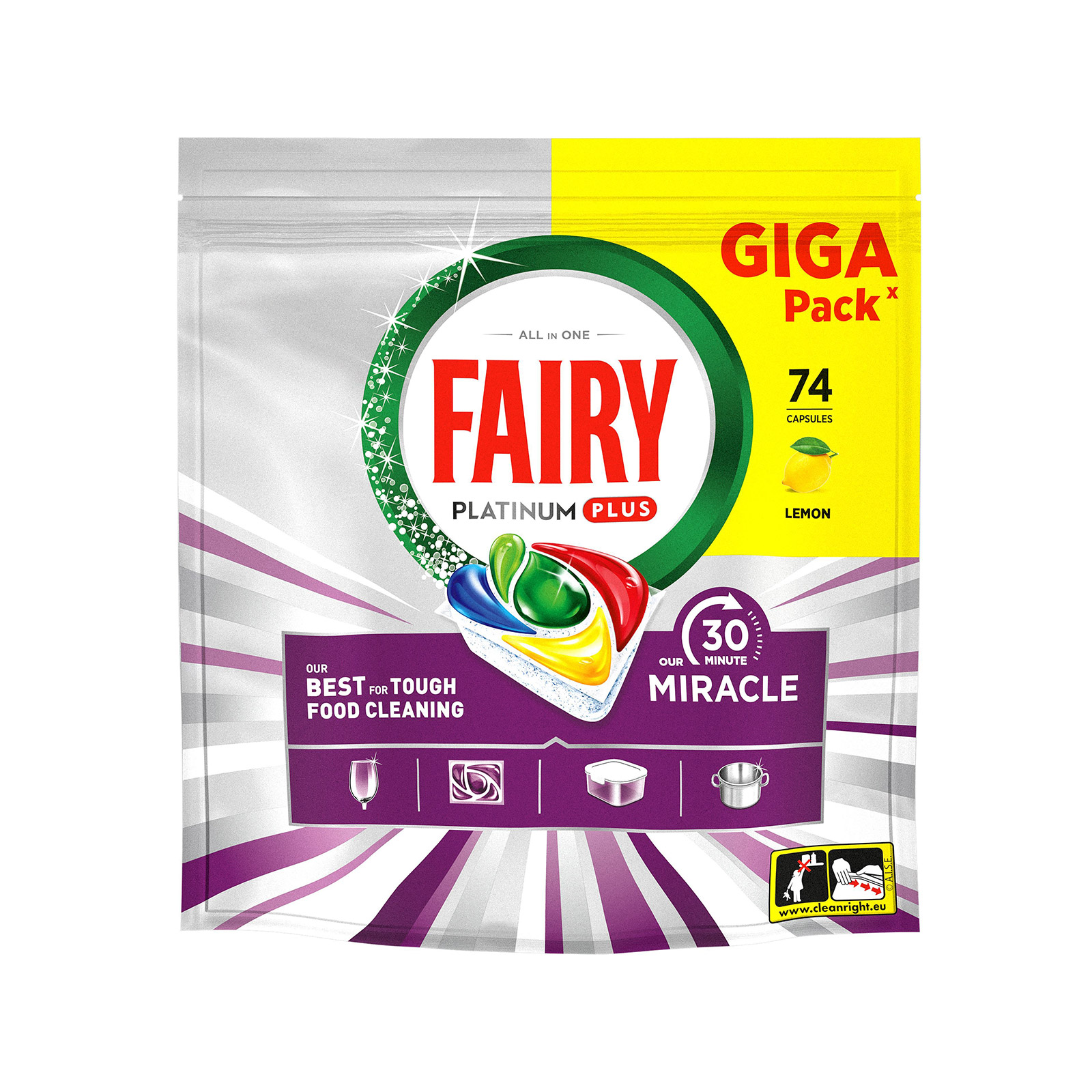 Fairy Platinum Plus Miracle απορρυπαντικό πλυντηρίου πιάτων σε κάψουλες lemon 74μεζ εικόνα 1