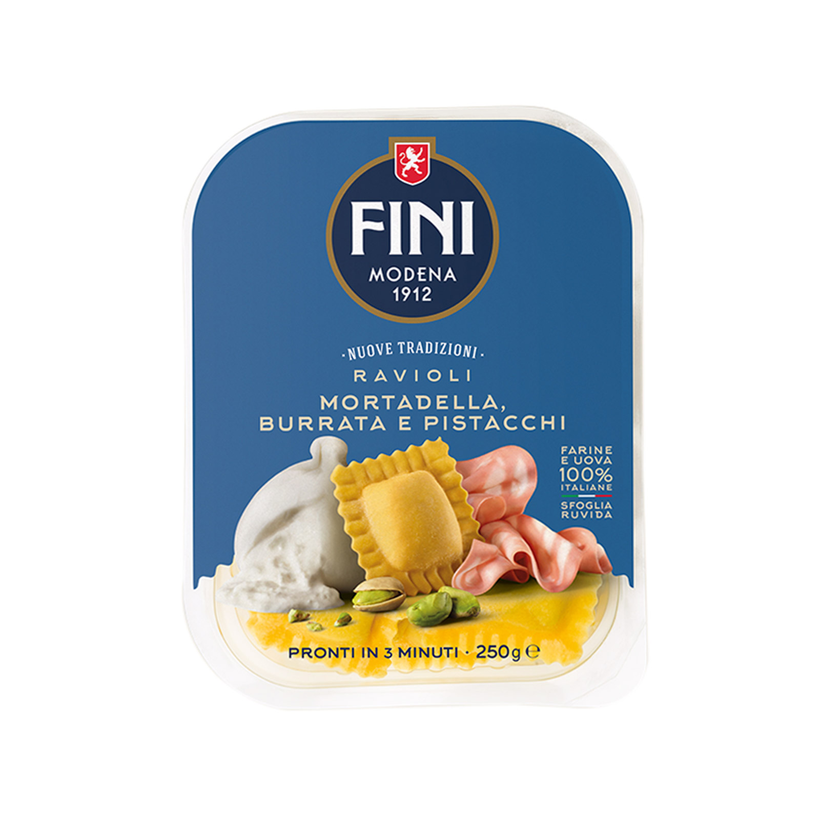 Fini ζυμαρικά φρέσκα ραβιόλια με αυγό γεμιστά με μορταδέλα, τυρί μπουράτα & φιστίκια 250g εικόνα 1