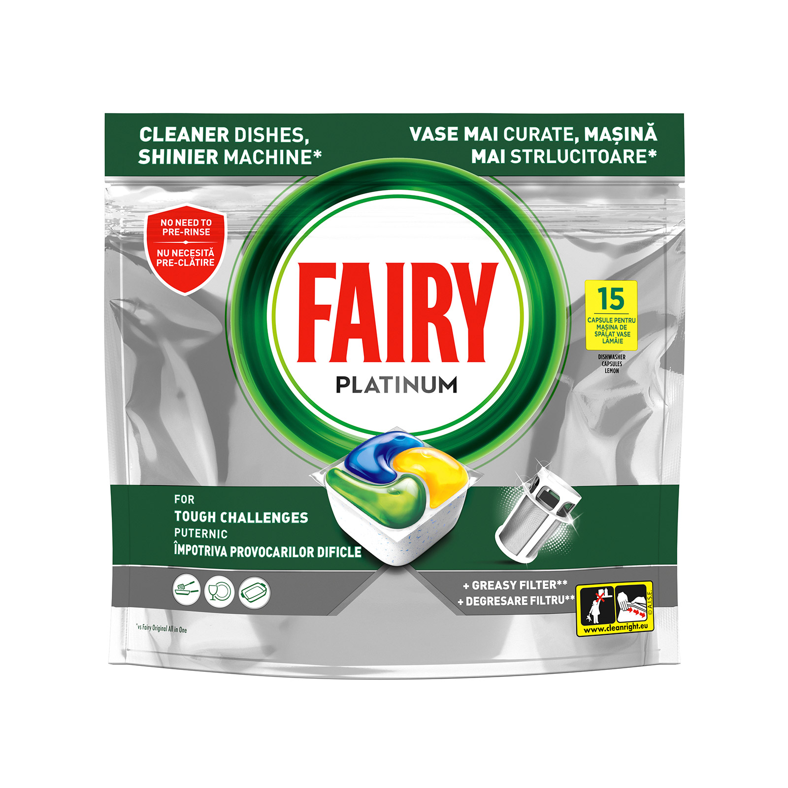 Fairy Platinum All In 1 απορρυπαντικό πλυντηρίου πιάτων σε κάψουλες lemon 15τεμ εικόνα 1